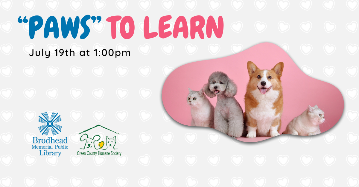 paws to learn july 19th at 1pm
